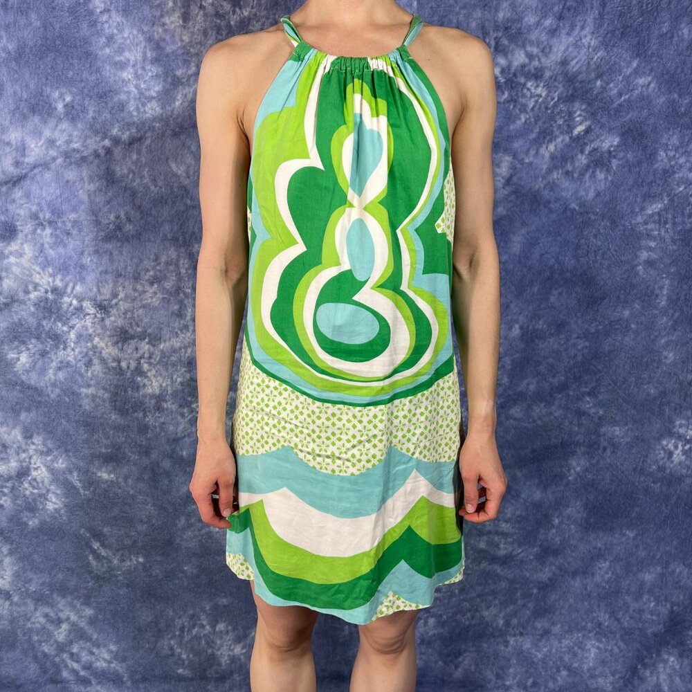 Trina Turk Green & Blue Lightweight Cotton Halter Dress Sz 6